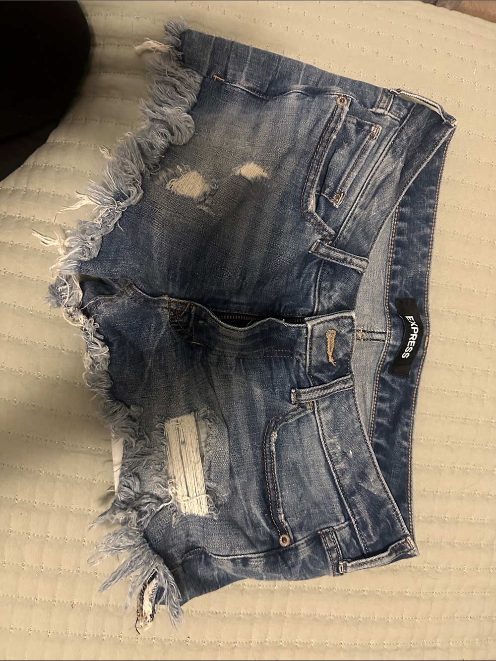 Express Distressed Frayed Hem Denim Shorts - Blue